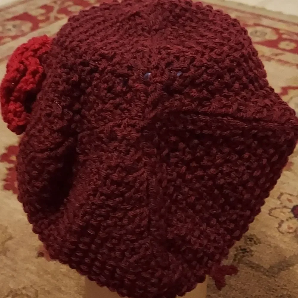 Slouchy Beanie Hat Cap Burgundy Red with flower hand made Boho style